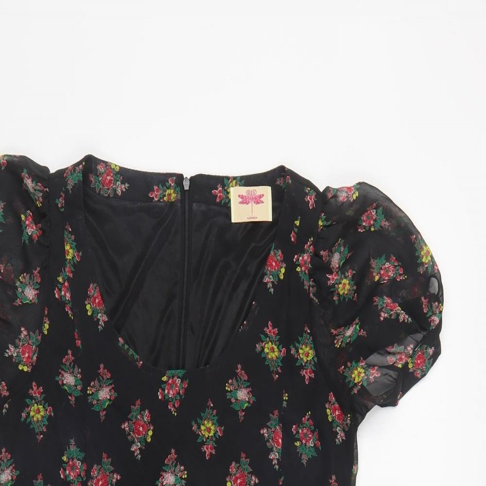 Orion Womens Black Floral Polyester Mini Size S Scoop Neck Zip
