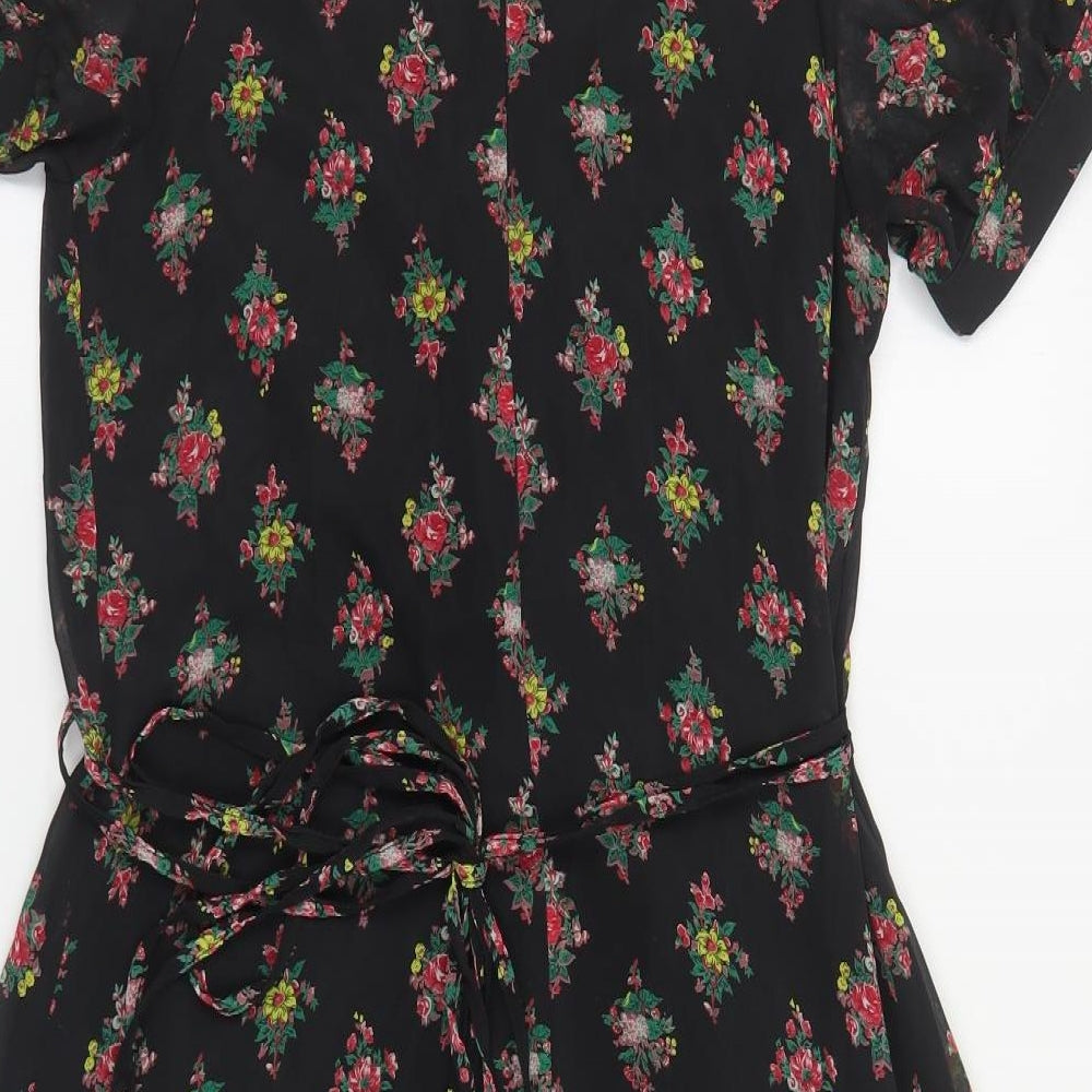 Orion Womens Black Floral Polyester Mini Size S Scoop Neck Zip