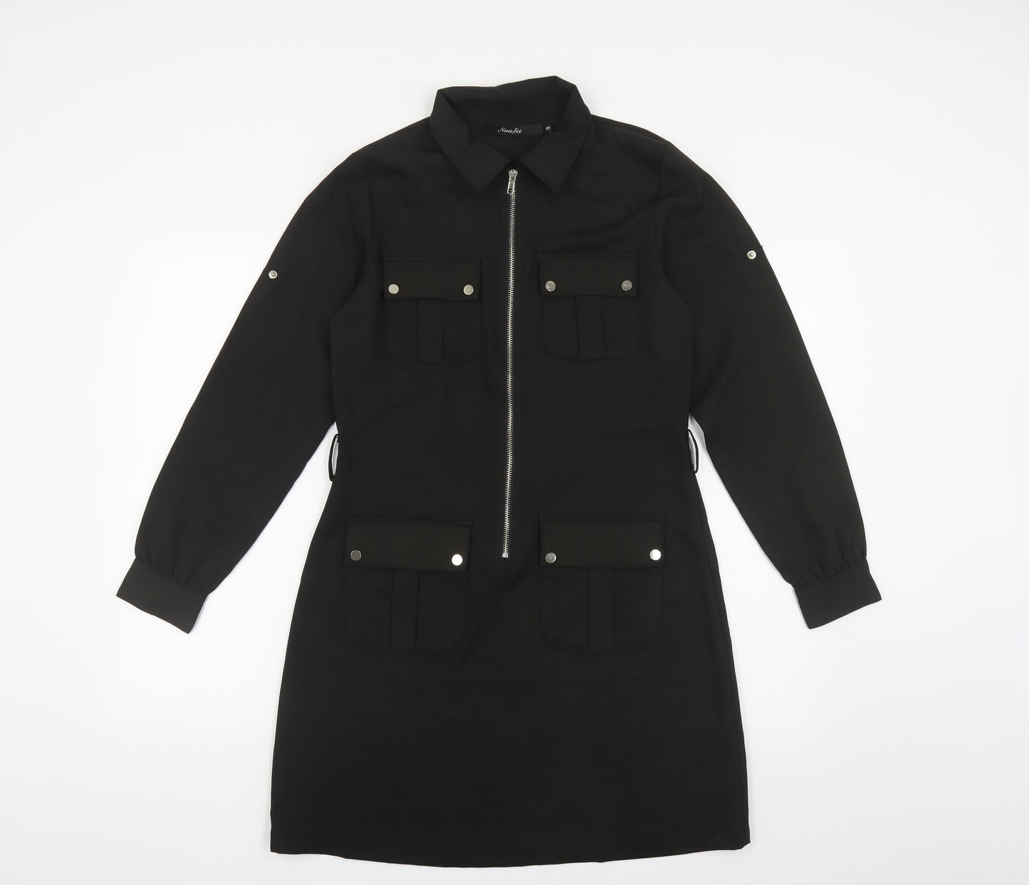 NaaFii Womens Black Polyester Shirt Dress Size S Collared Zip