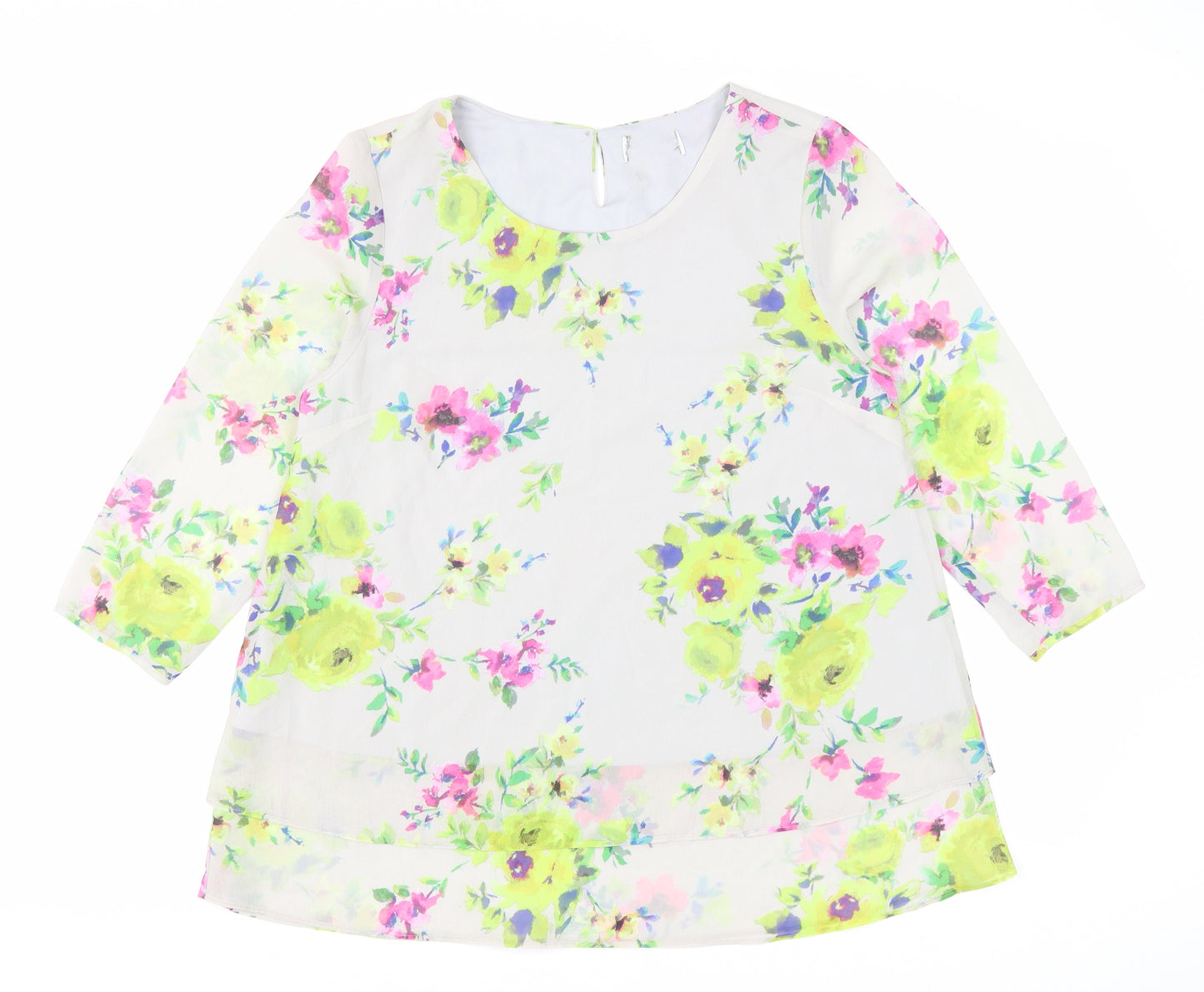 Preworn Womens Grey Floral Polyester Basic Blouse Size 10 Scoop Neck