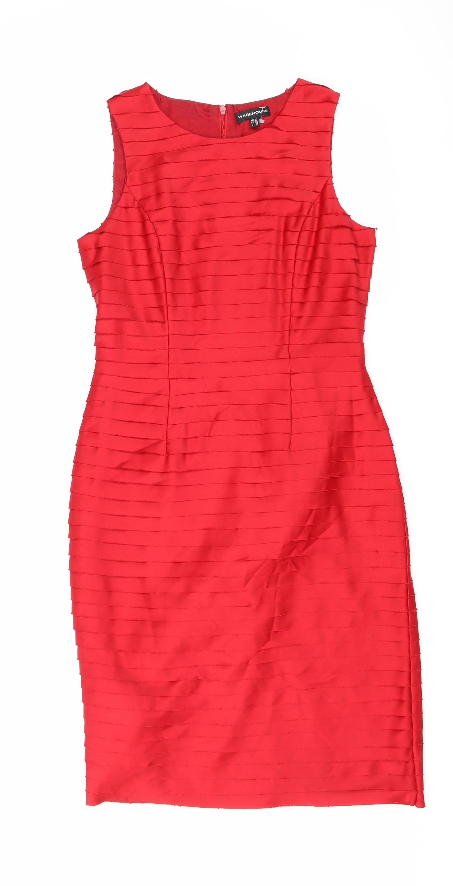 Warehouse Womens Red Polyester Sheath Size 10 Scoop Neck Zip