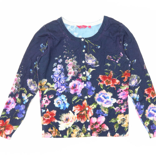 Together Womens Blue Scoop Neck Floral Viscose Cardigan Jumper Size 12