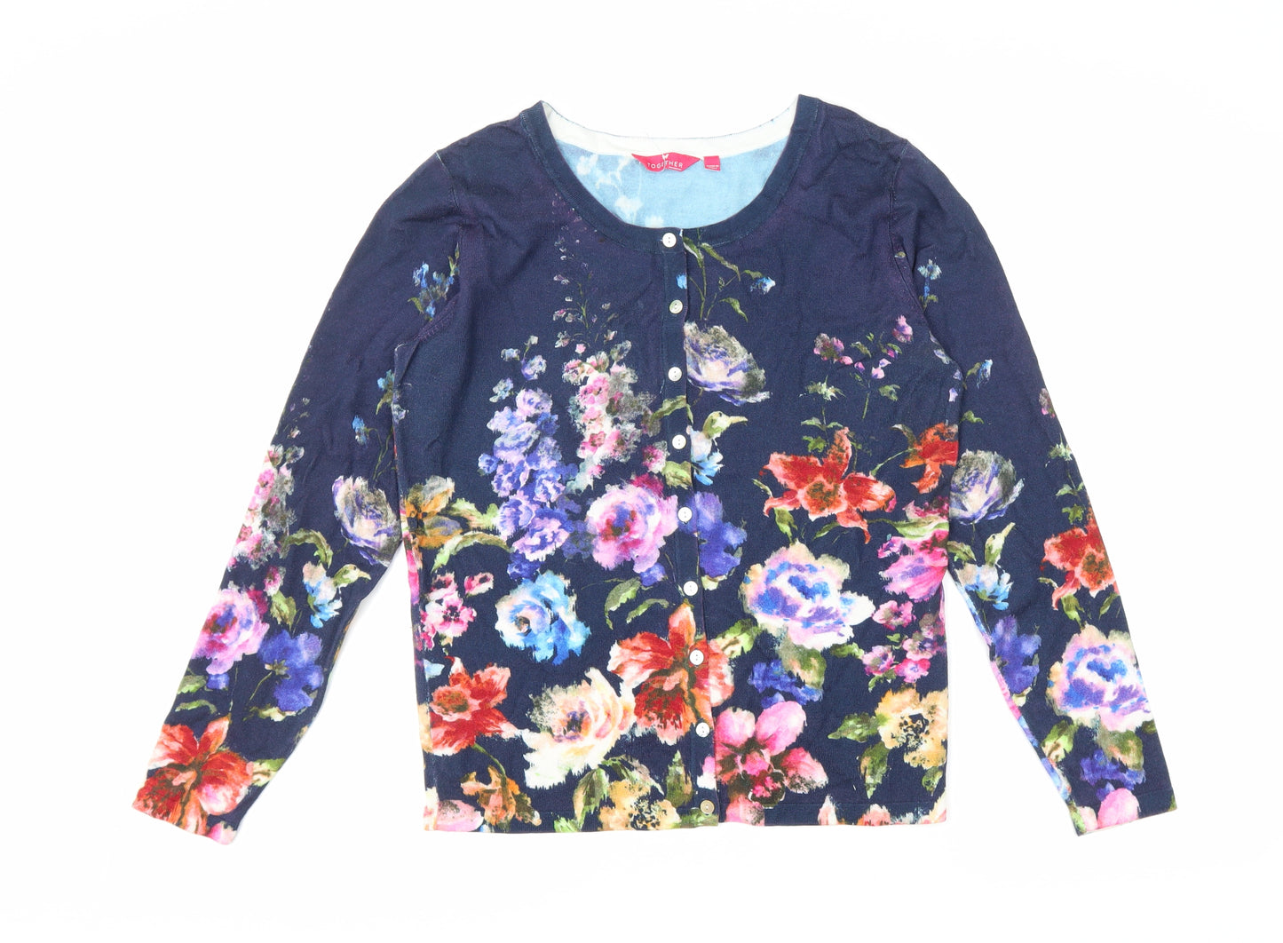 Together Womens Blue Scoop Neck Floral Viscose Cardigan Jumper Size 12