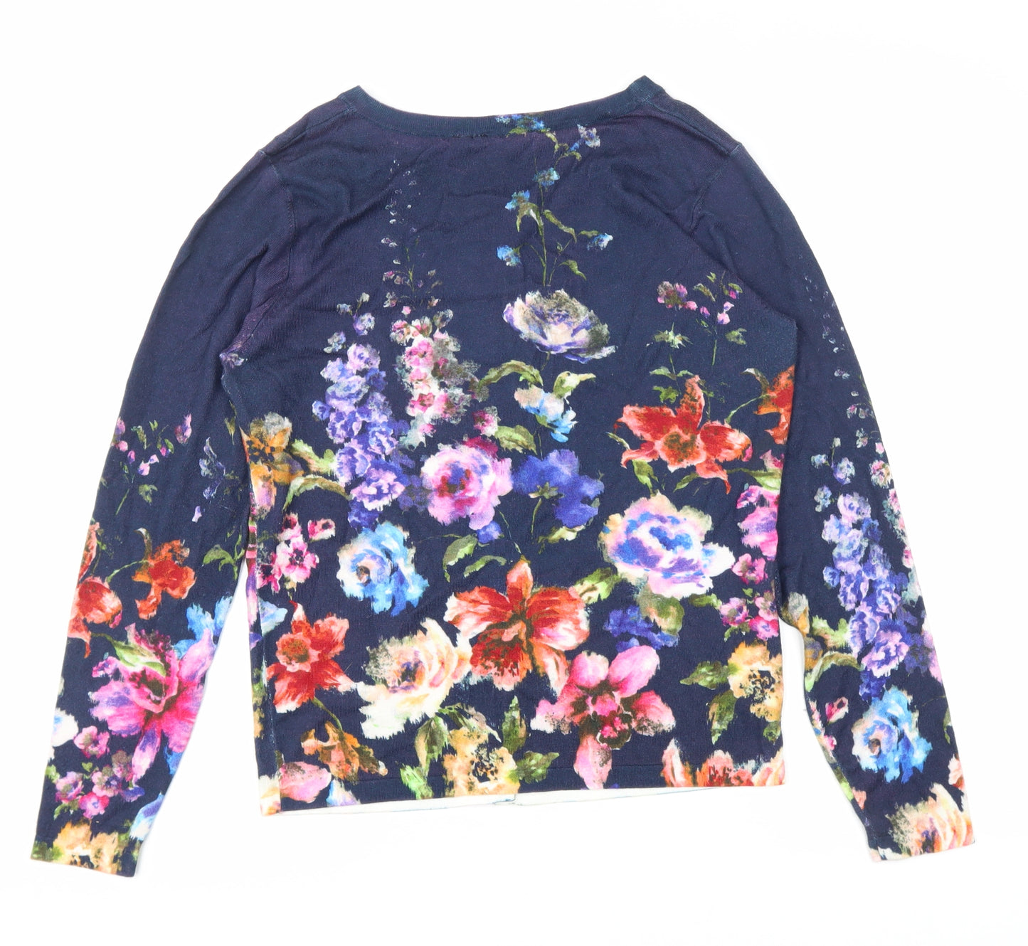 Together Womens Blue Scoop Neck Floral Viscose Cardigan Jumper Size 12