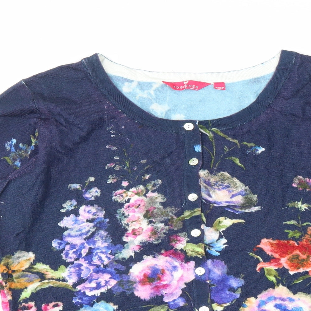 Together Womens Blue Scoop Neck Floral Viscose Cardigan Jumper Size 12