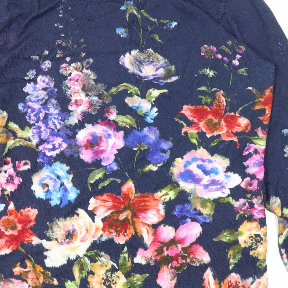 Together Womens Blue Scoop Neck Floral Viscose Cardigan Jumper Size 12