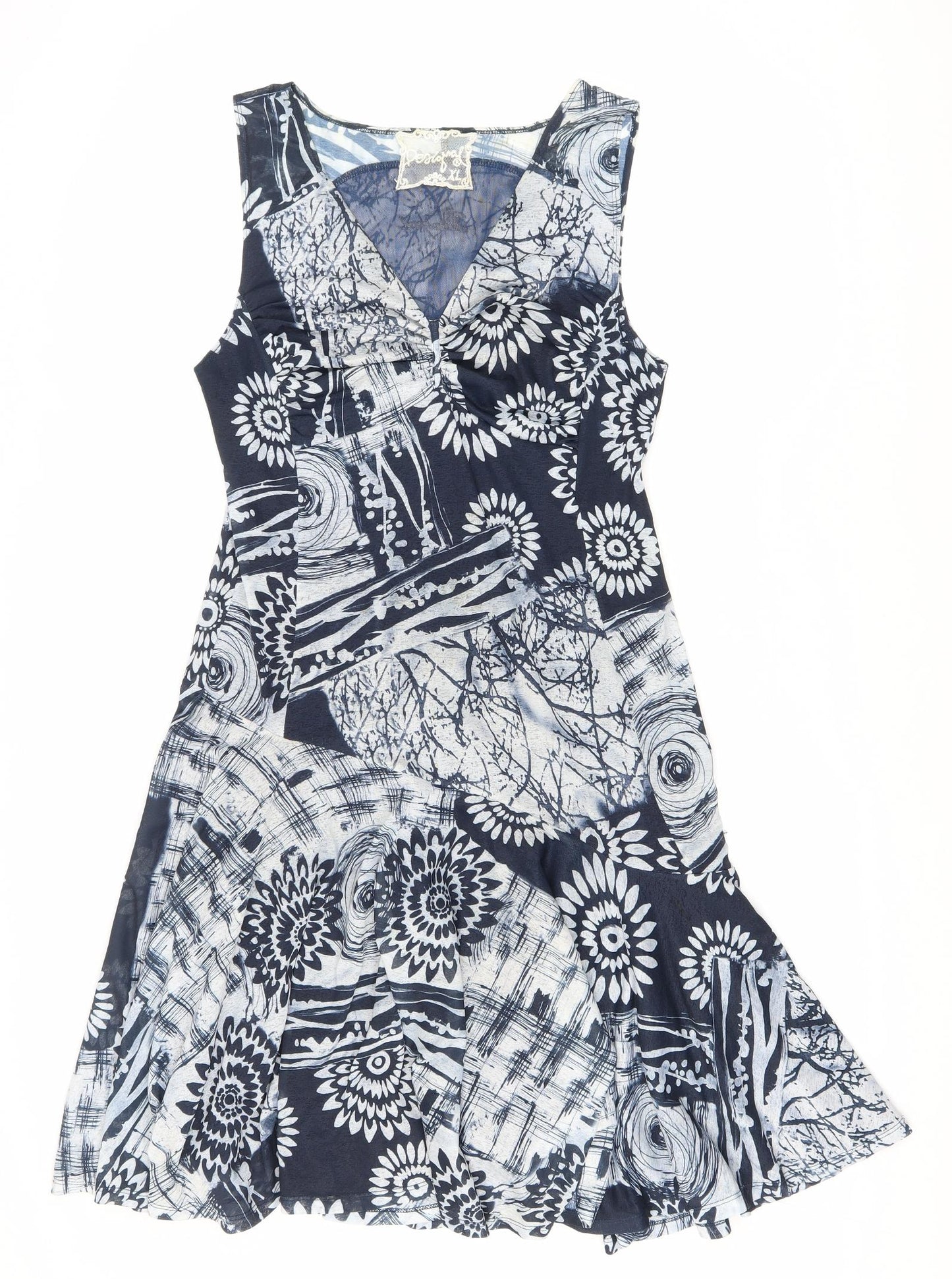 Designal Womens Blue Floral Polyester Fit & Flare Size XL V-Neck Pullover