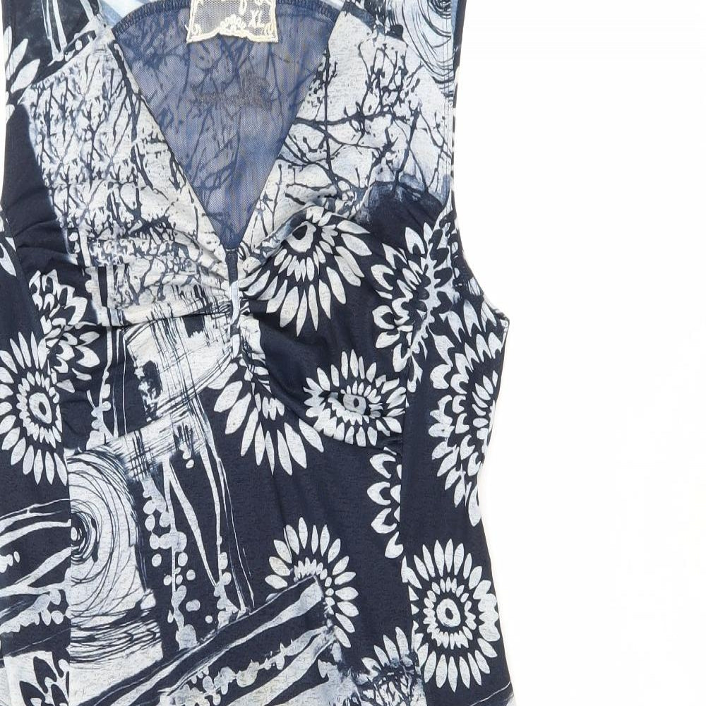 Designal Womens Blue Floral Polyester Fit & Flare Size XL V-Neck Pullover