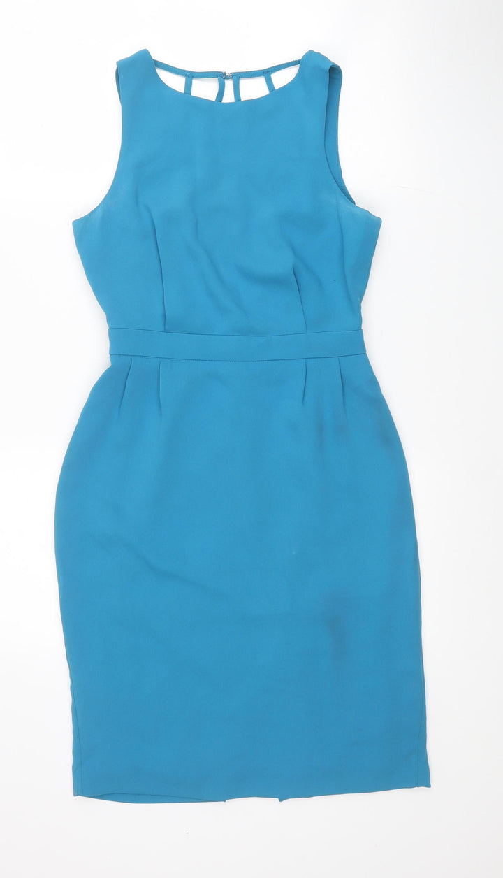 Warehouse Womens Blue Polyester A-Line Size 8 Round Neck Buckle