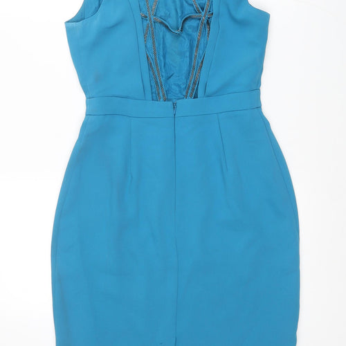 Warehouse Womens Blue Polyester A-Line Size 8 Round Neck Buckle