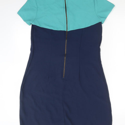 Closet Womens Blue Colourblock Polyester A-Line Size 12 Round Neck Zip - Lace Detail