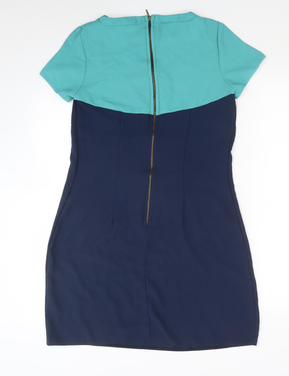 Closet Womens Blue Colourblock Polyester A-Line Size 12 Round Neck Zip - Lace Detail