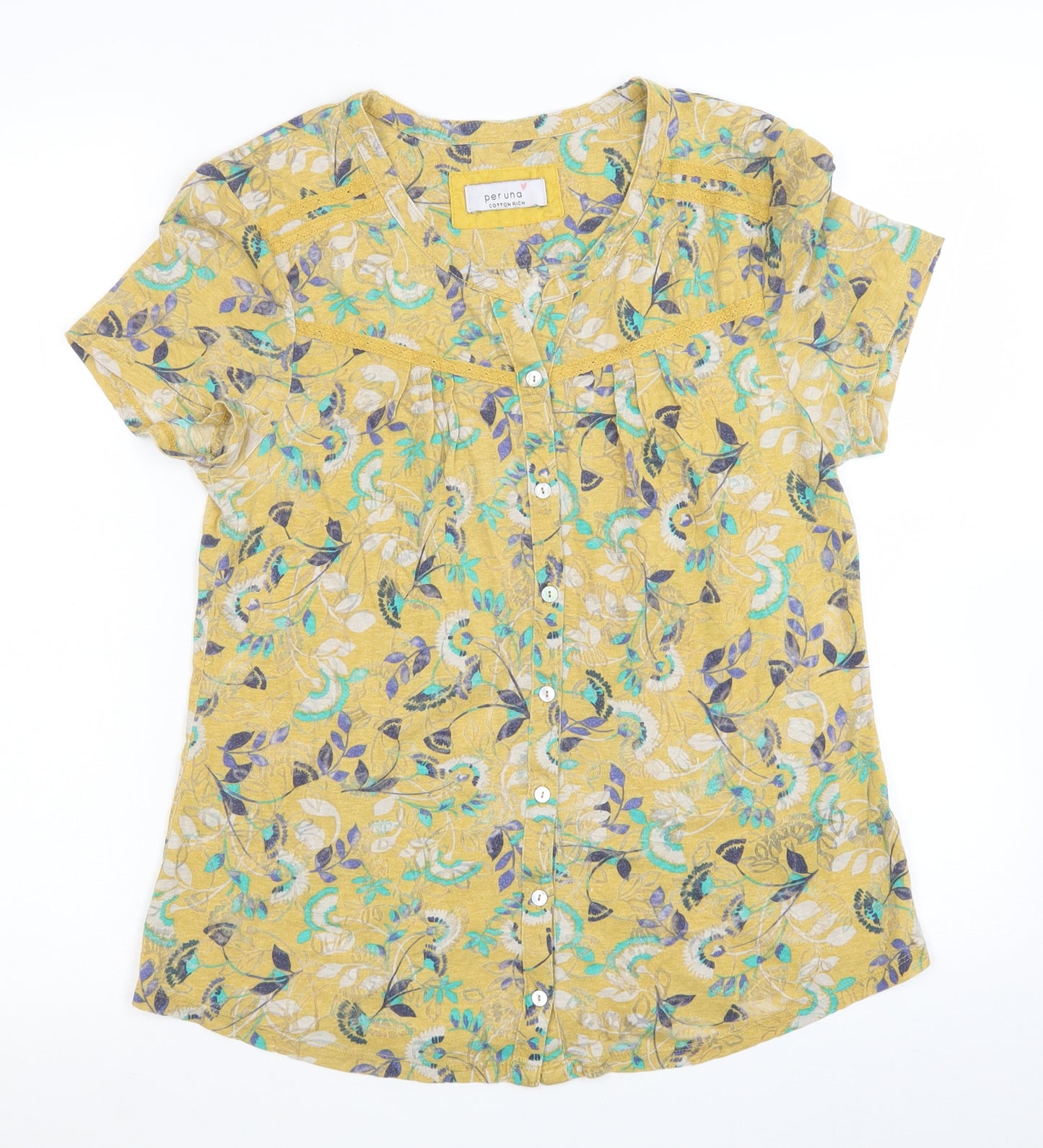 Per Una Womens Yellow Floral Cotton Basic Button-Up Size 10 Round Neck
