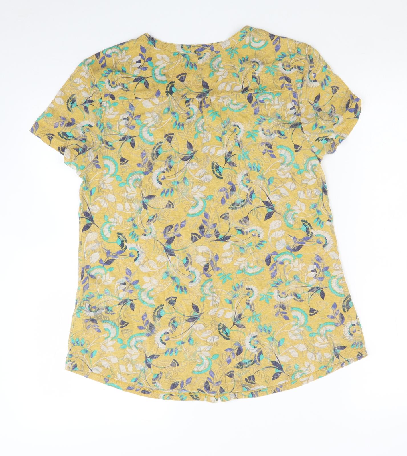 Per Una Womens Yellow Floral Cotton Basic Button-Up Size 10 Round Neck