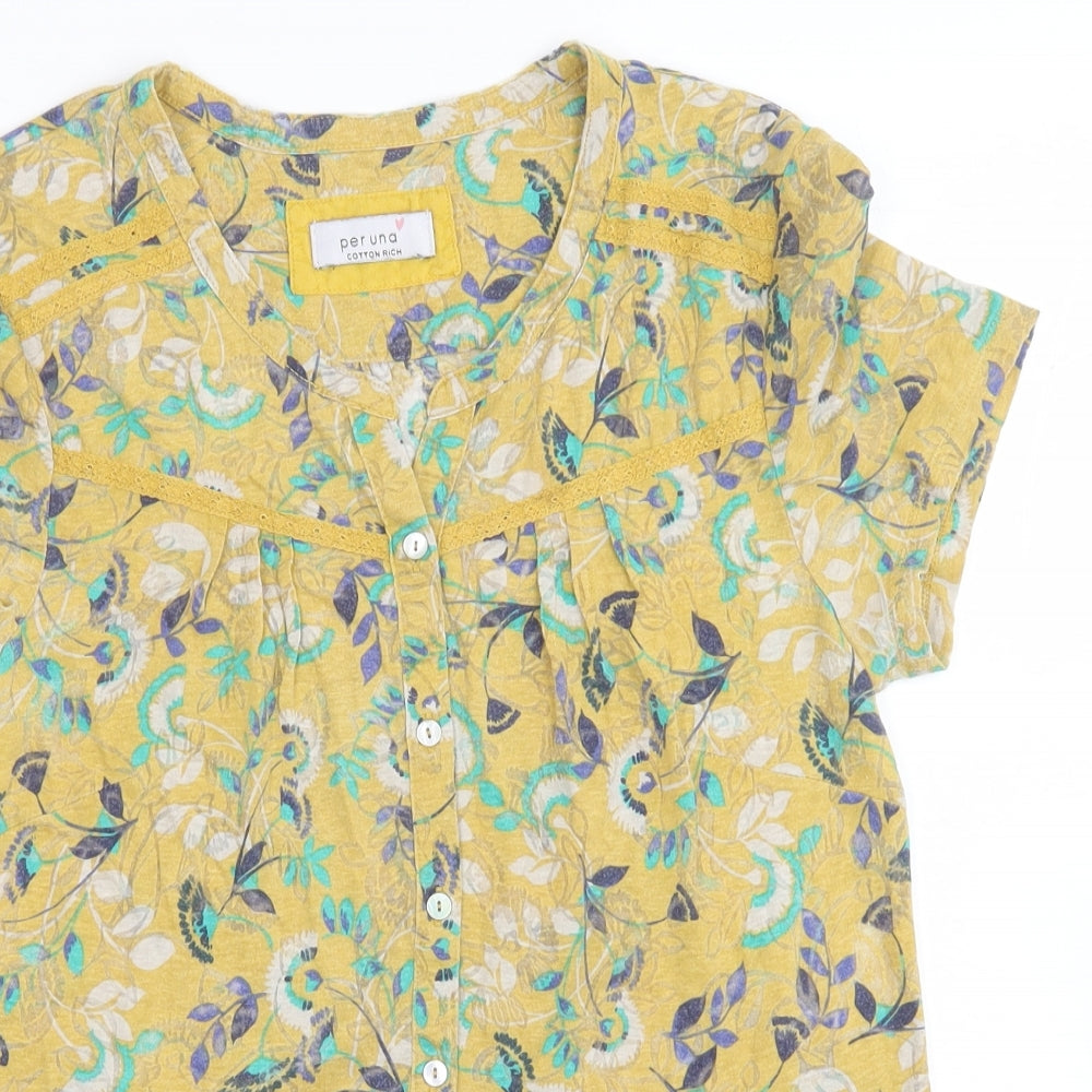 Per Una Womens Yellow Floral Cotton Basic Button-Up Size 10 Round Neck