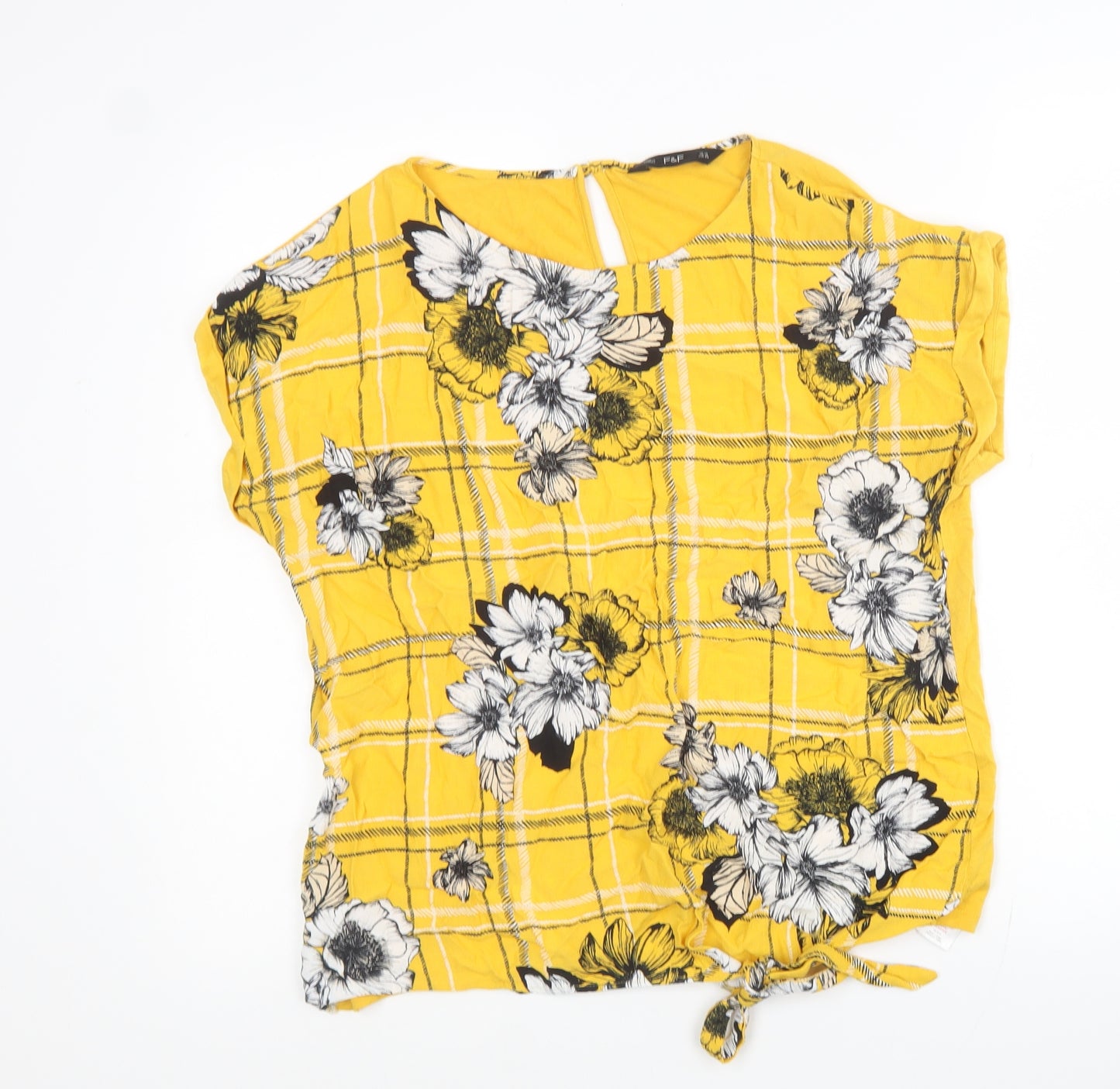 F&F Womens Yellow Plaid Viscose Jersey T-Shirt Size 14 Round Neck