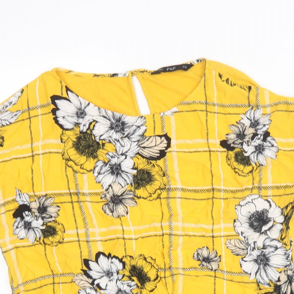 F&F Womens Yellow Plaid Viscose Jersey T-Shirt Size 14 Round Neck
