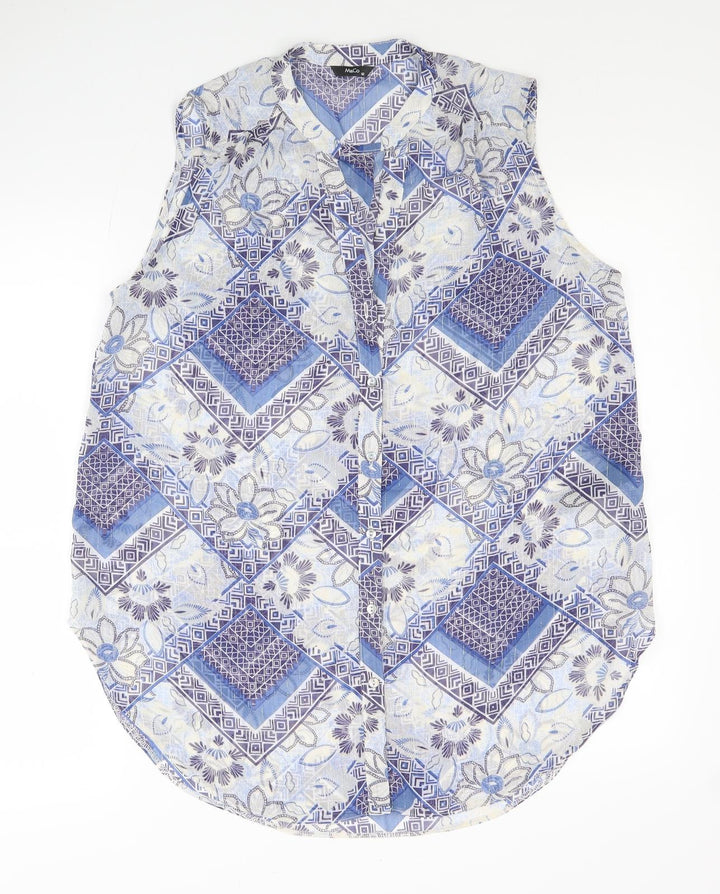 M&Co Womens Blue Geometric Polyester Tunic Button-Up Size 12 V-Neck
