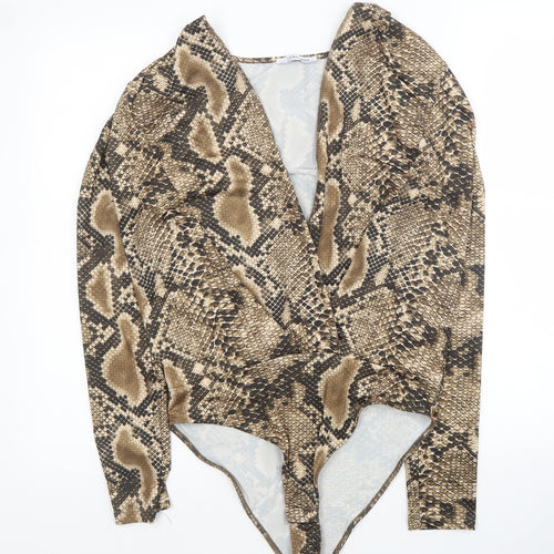 Zara Womens Brown Animal Print Polyester Bodysuit One-Piece Size M Button