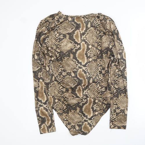 Zara Womens Brown Animal Print Polyester Bodysuit One-Piece Size M Button