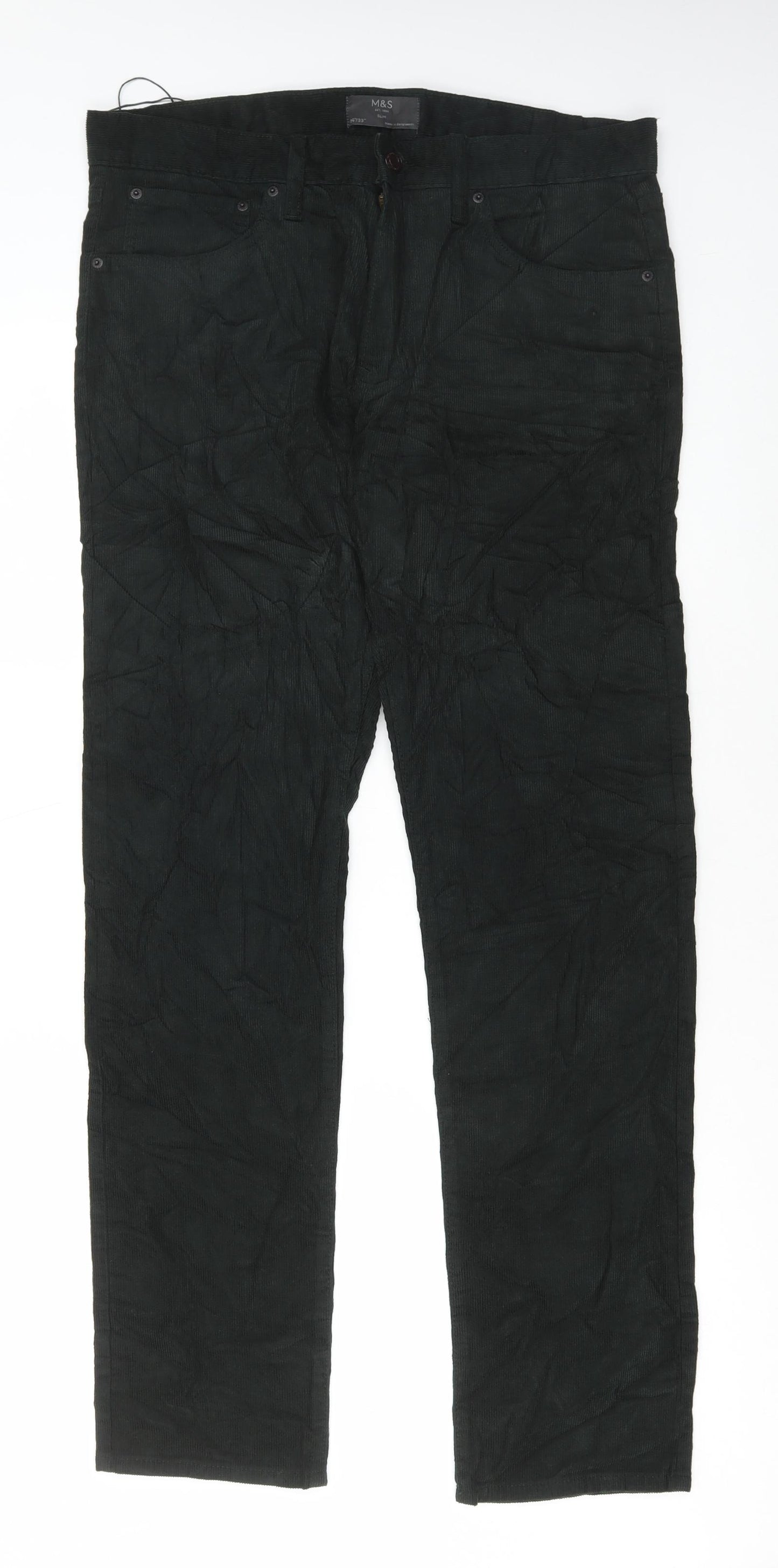 Marks and Spencer Mens Green Cotton Trousers Size 34 in L33 in Regular Button