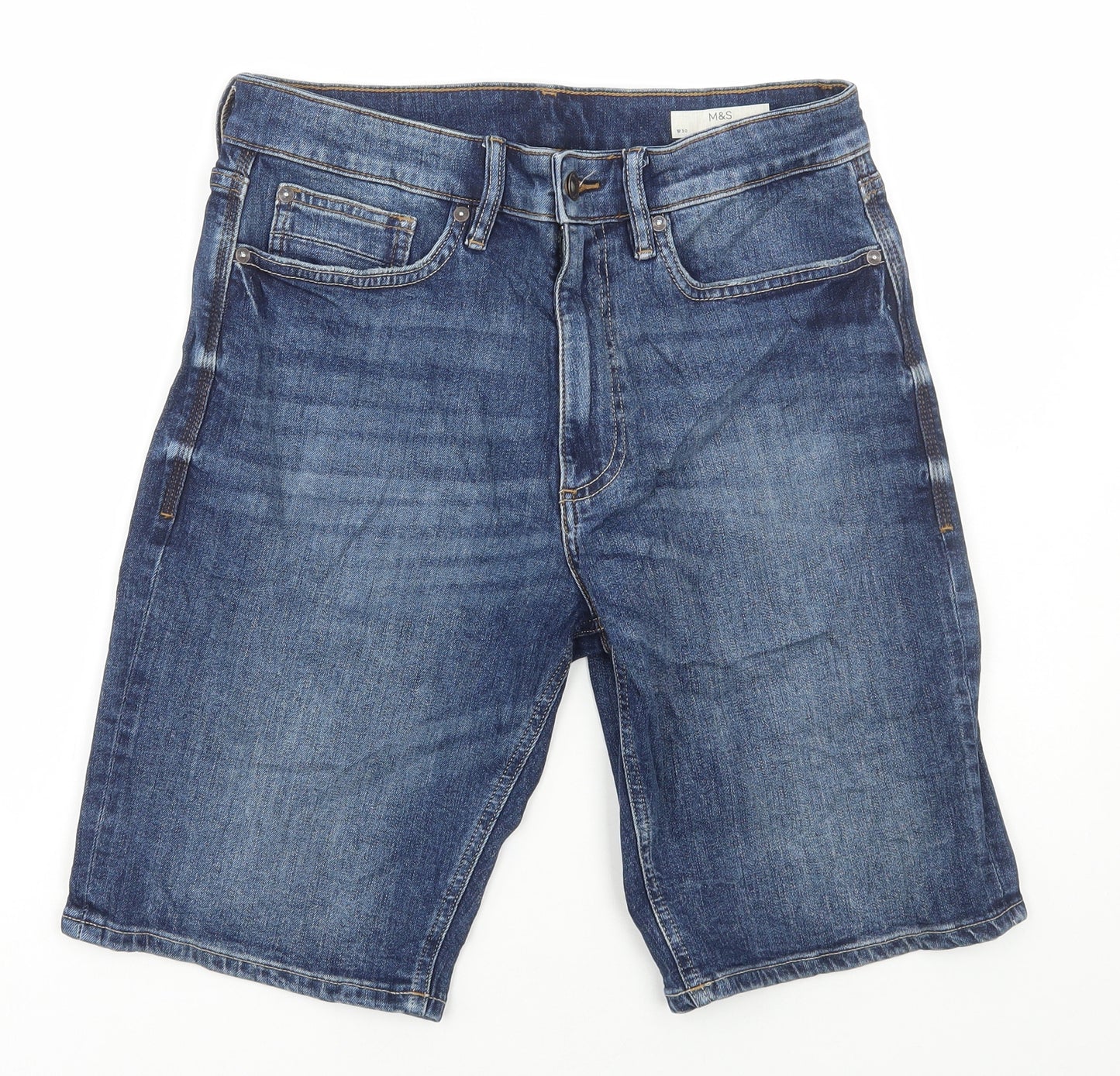 Marks and Spencer Mens Blue Cotton Bermuda Shorts Size 30 in L10 in Regular Button
