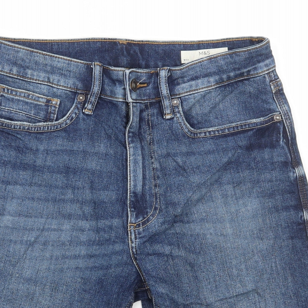 Marks and Spencer Mens Blue Cotton Bermuda Shorts Size 30 in L10 in Regular Button