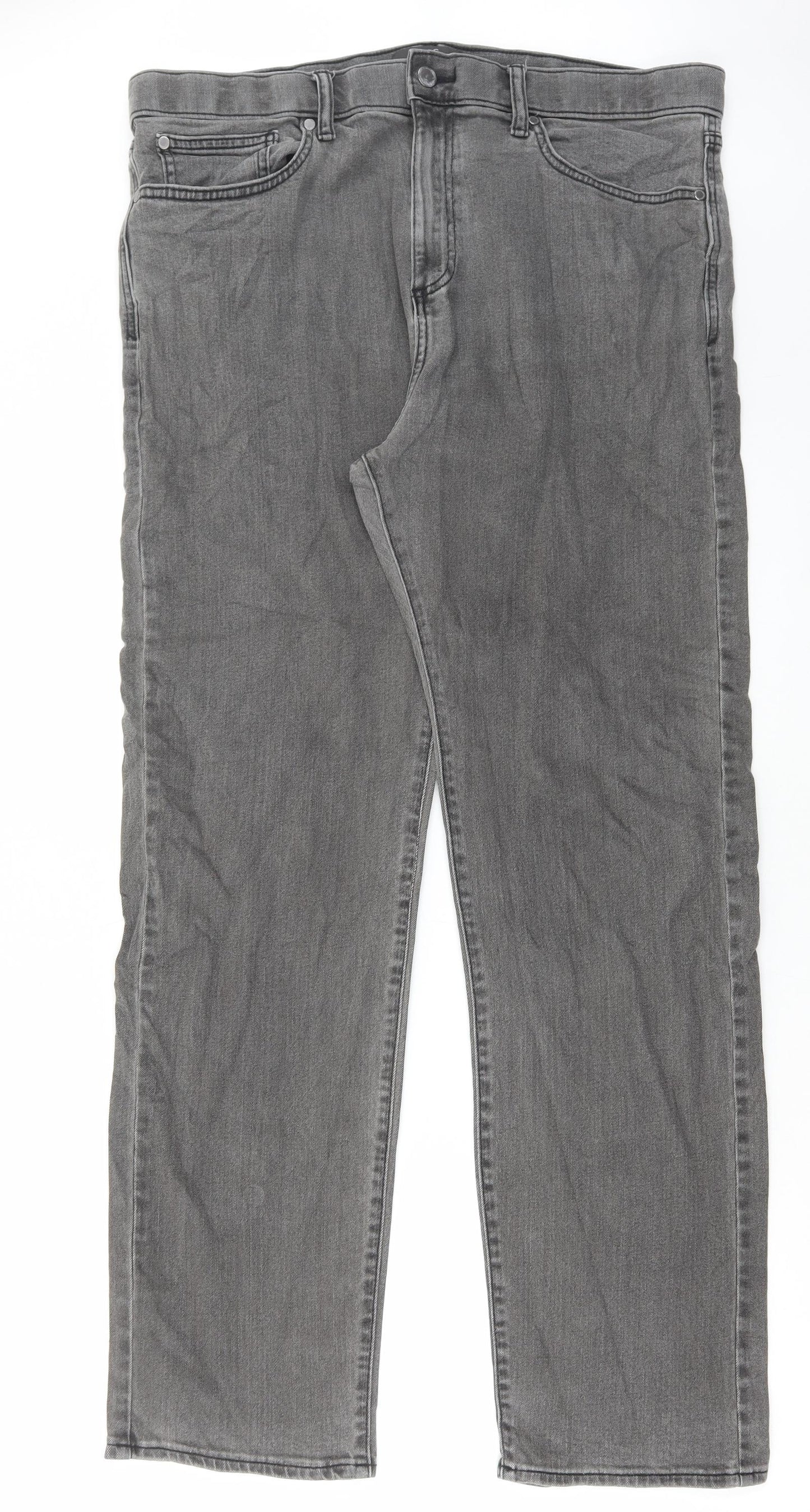 Marks and Spencer Mens Grey Cotton Straight Jeans Size 36 in L33 in Regular Button