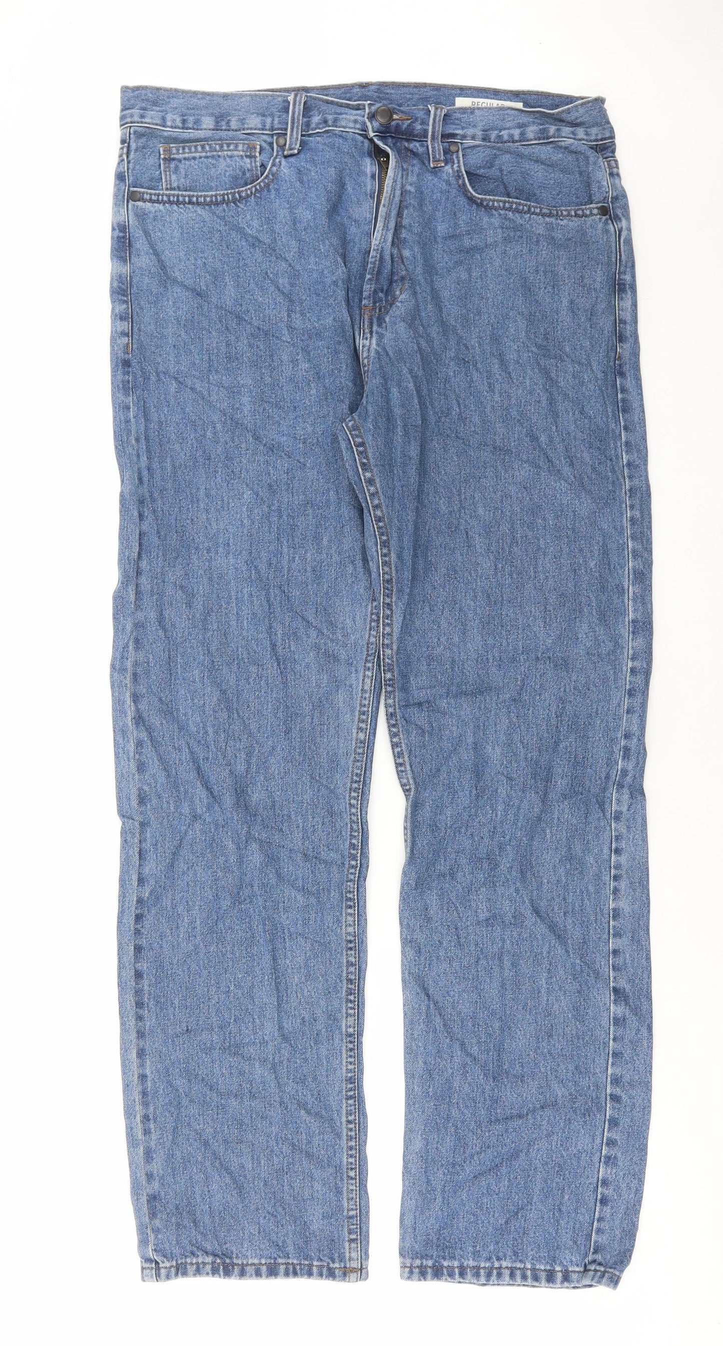 Marks and Spencer Mens Blue Cotton Straight Jeans Size 34 in L31 in Regular Button