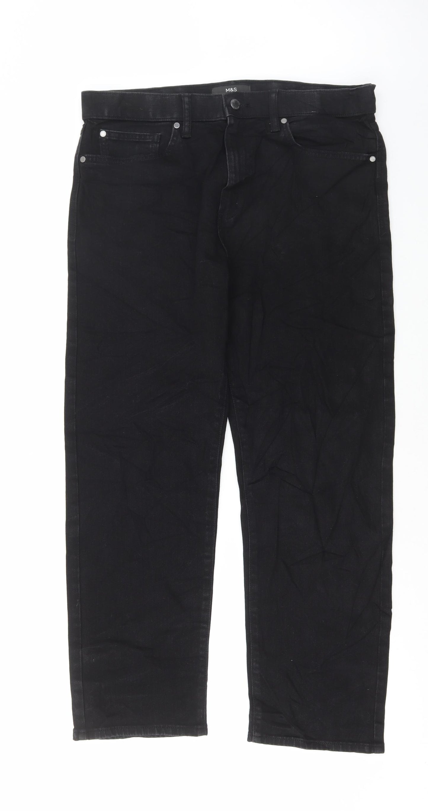 Marks and Spencer Mens Black Cotton Straight Jeans Size 32 in L29 in Regular Button