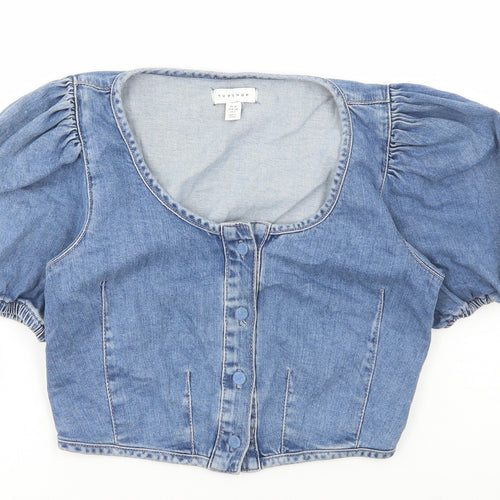 Topshop Womens Blue Cotton Cropped Blouse Size 10 Scoop Neck