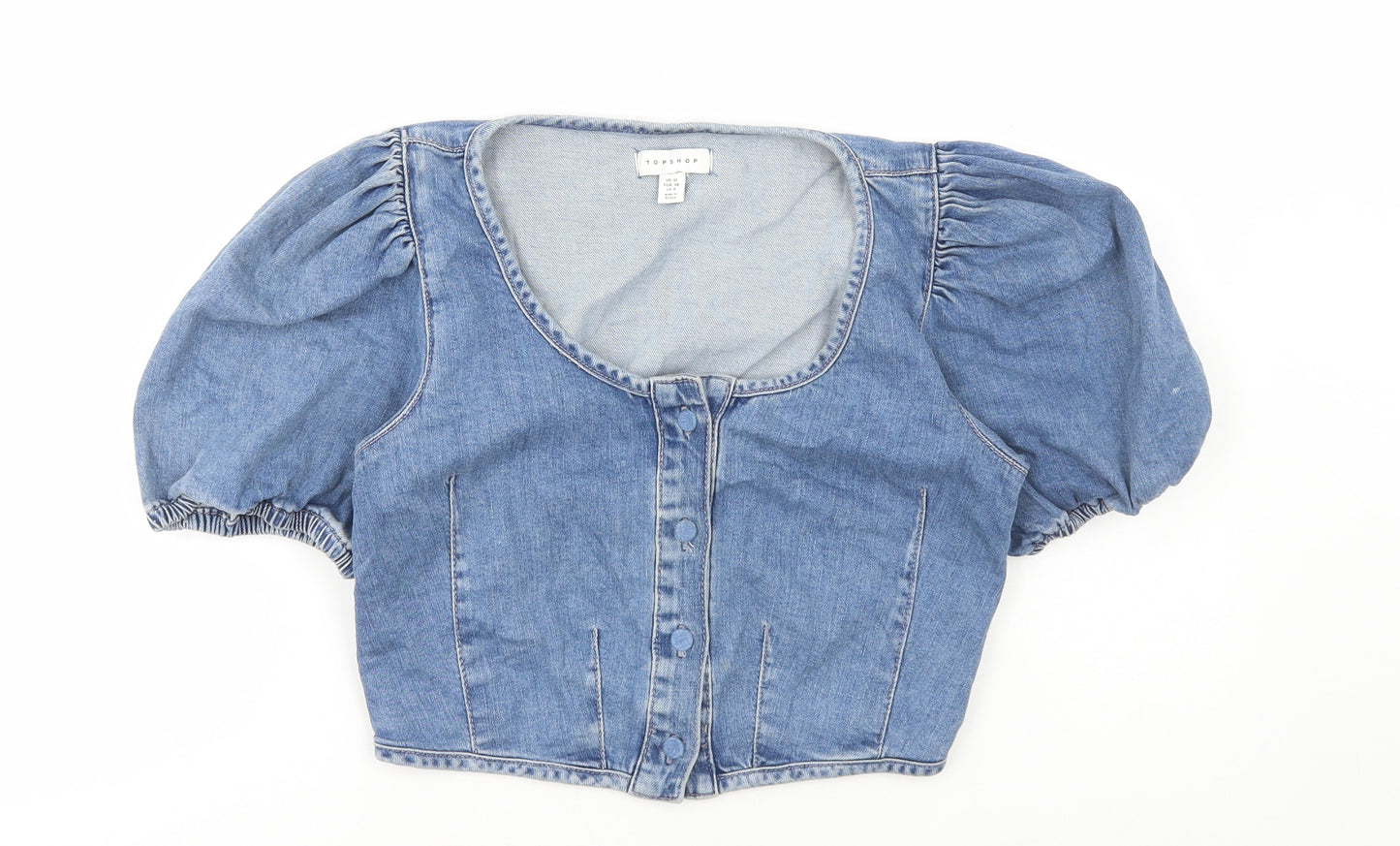 Topshop Womens Blue Cotton Cropped Blouse Size 10 Scoop Neck