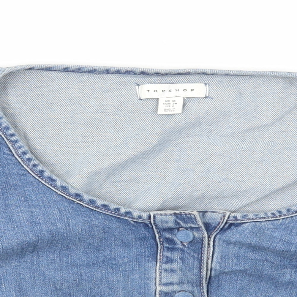 Topshop Womens Blue Cotton Cropped Blouse Size 10 Scoop Neck
