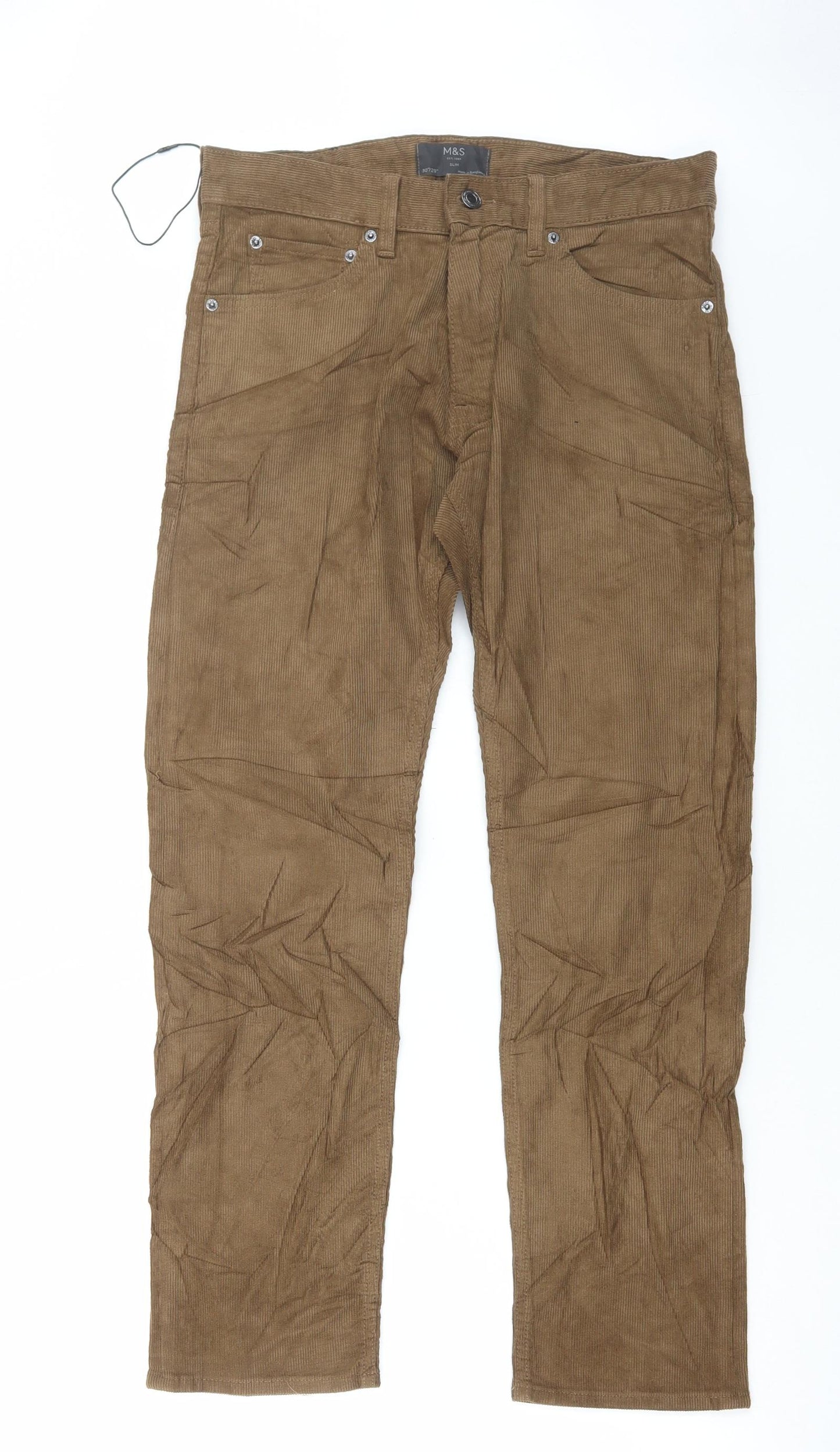 Marks and Spencer Mens Brown Cotton Trousers Size 30 in L29 in Regular Button