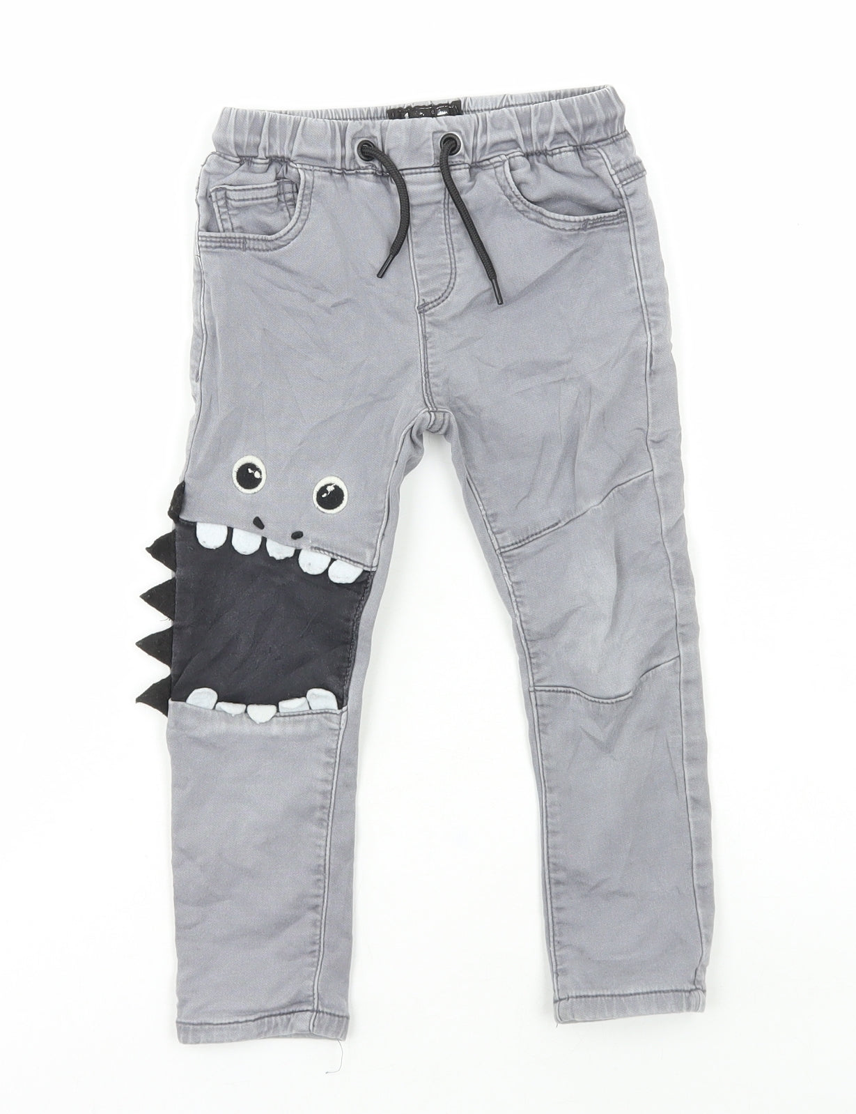 NEXT Boys Grey Cotton Straight Jeans Size 2-3 Years Regular Drawstring - Dinosaur