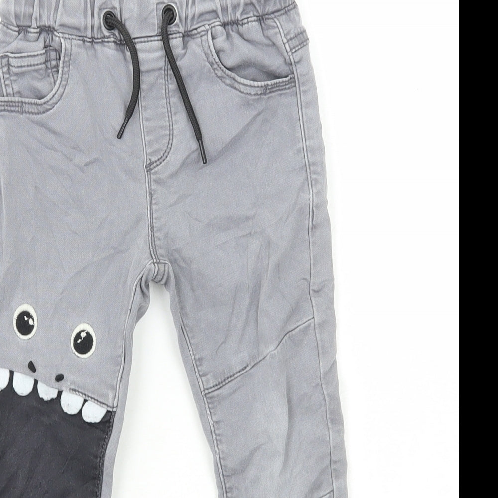 NEXT Boys Grey Cotton Straight Jeans Size 2-3 Years Regular Drawstring - Dinosaur