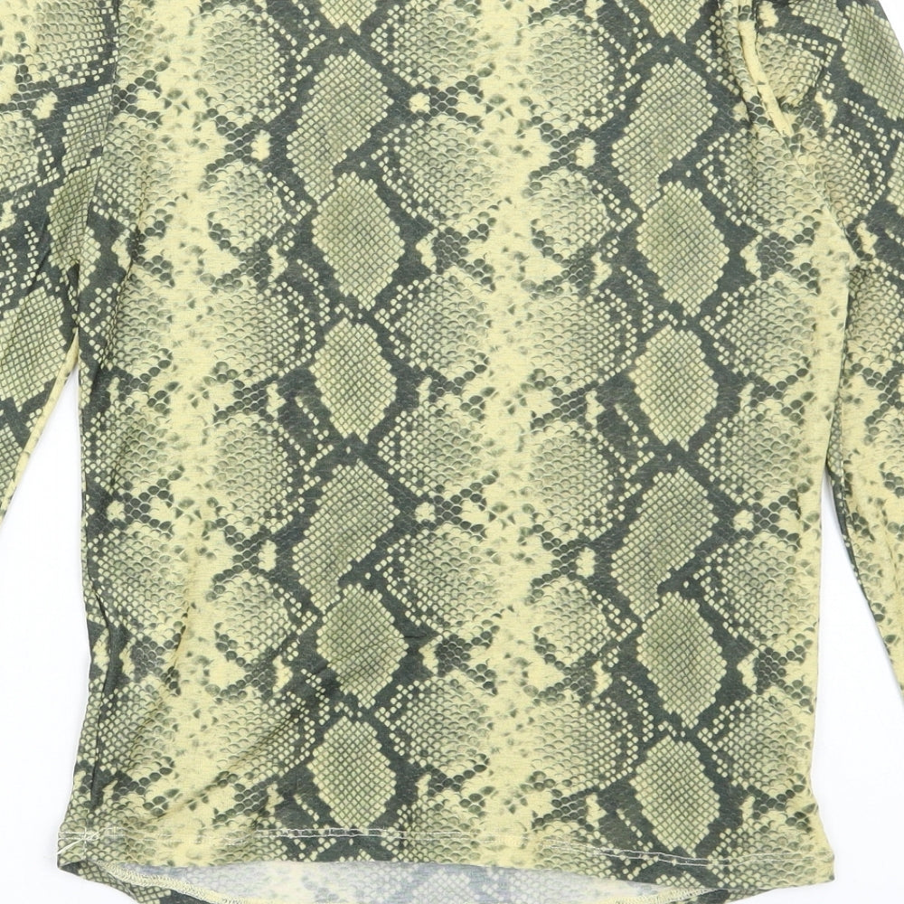 Topshop Womens Green Animal Print Polyester Basic T-Shirt Size 14 Mock Neck - Snake Print