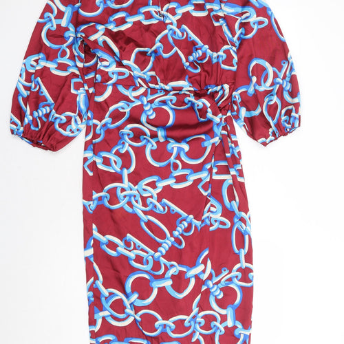 Zara Womens Red Geometric Polyester Bodycon Size XS V-Neck Button