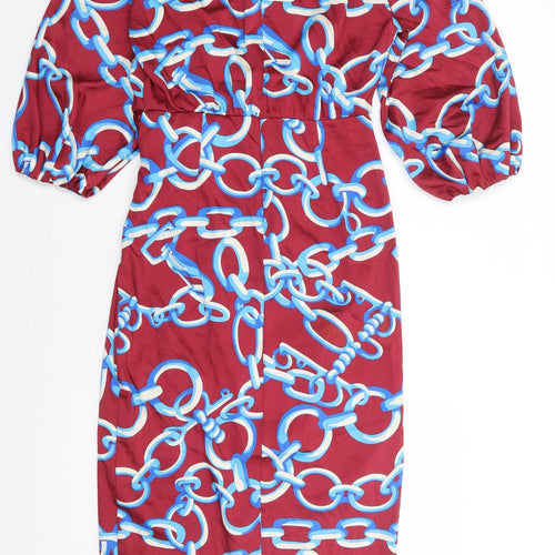 Zara Womens Red Geometric Polyester Bodycon Size XS V-Neck Button