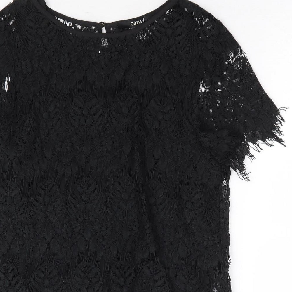 Oasis Womens Black Polyester Basic Blouse Size 8 Round Neck