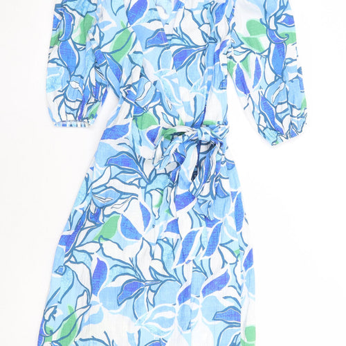 Yare Womens Blue Floral Polyester Wrap Dress Size S V-Neck Tie
