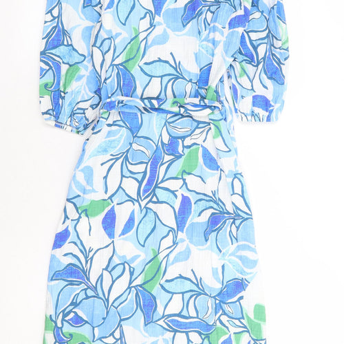 Yare Womens Blue Floral Polyester Wrap Dress Size S V-Neck Tie