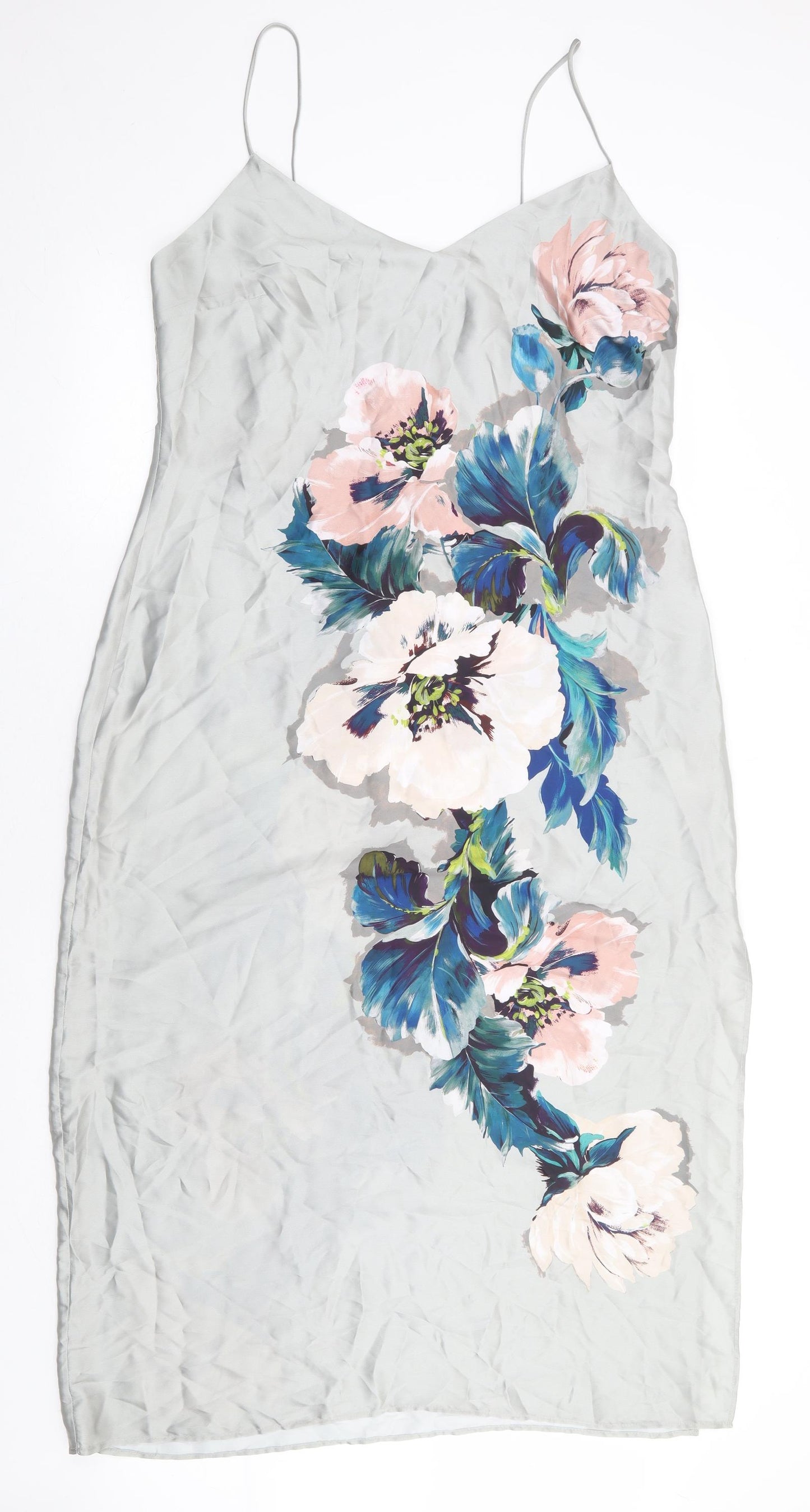 Zara Womens Grey Floral Polyester Slip Dress Size XL V-Neck Button