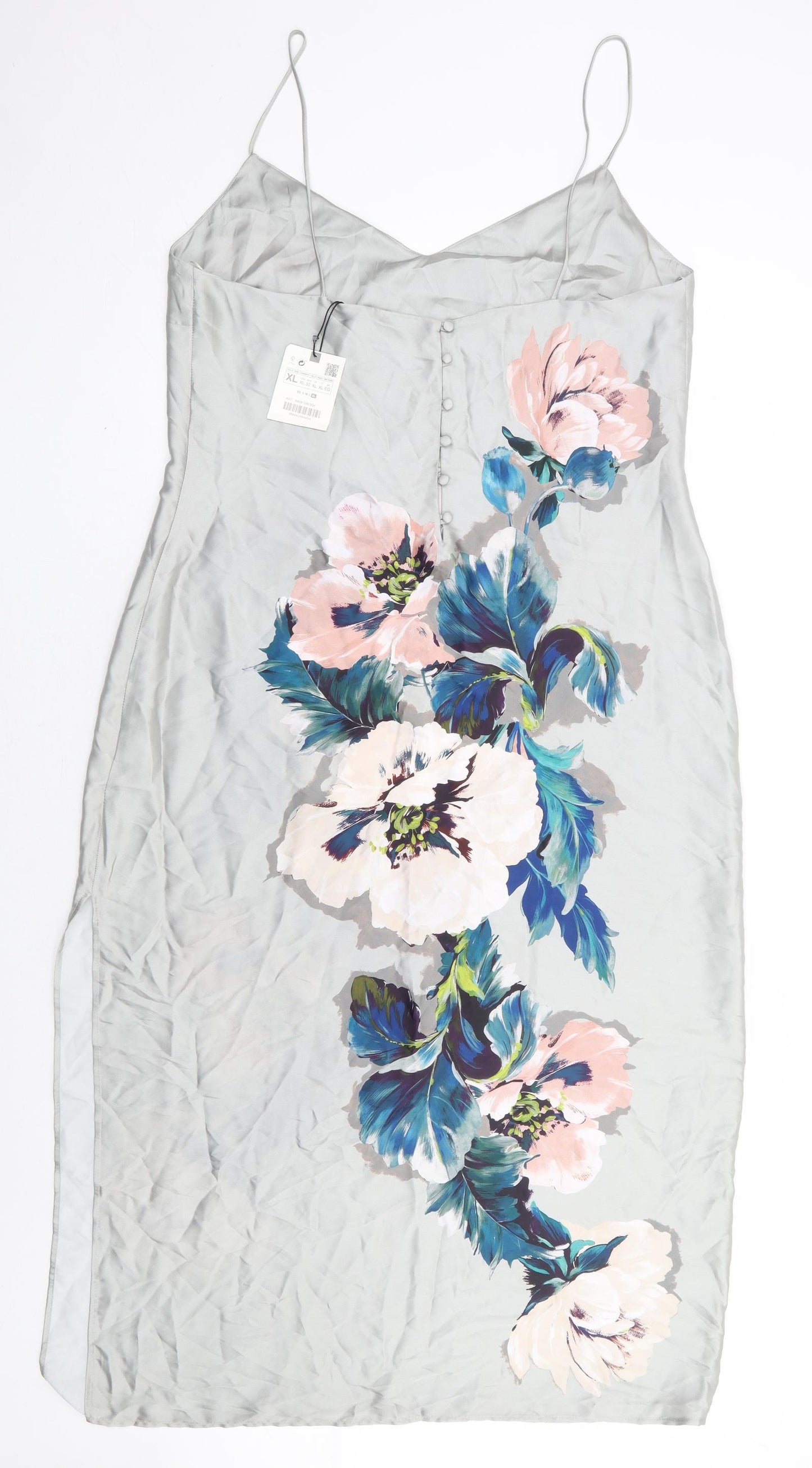 Zara Womens Grey Floral Polyester Slip Dress Size XL V-Neck Button