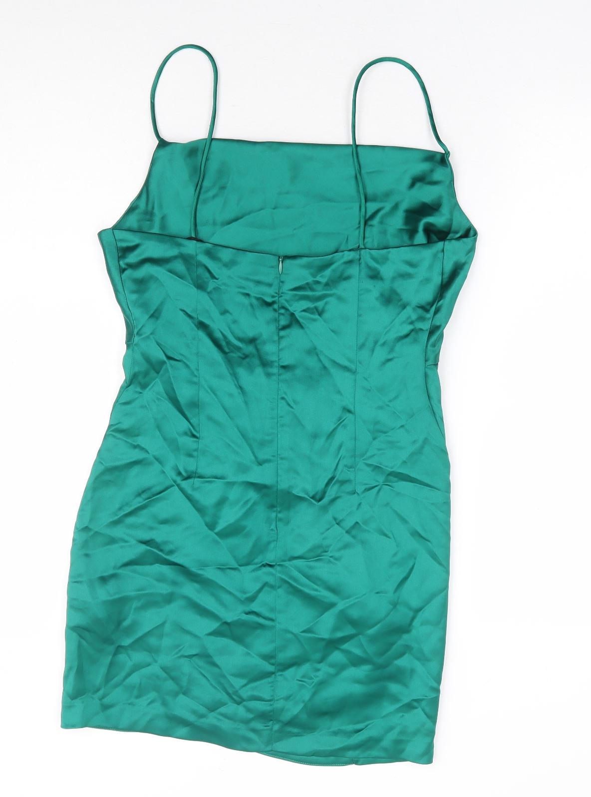 Zara Womens Green Polyester Slip Dress Size S Square Neck Zip
