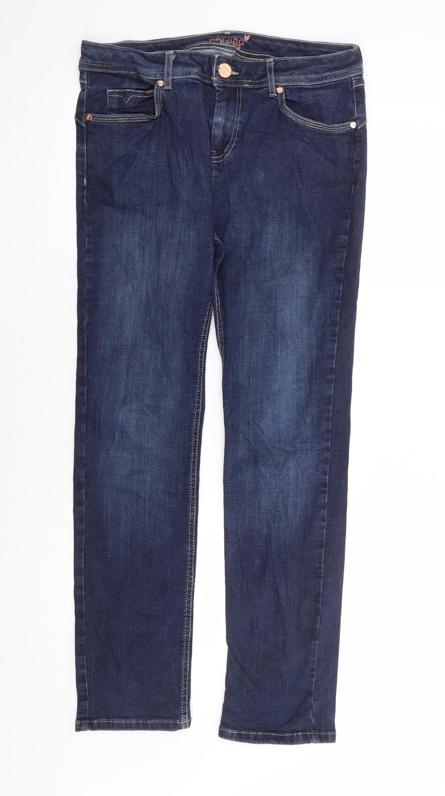 Per Una Womens Blue Cotton Straight Jeans Size 12 L29 in Slim Zip
