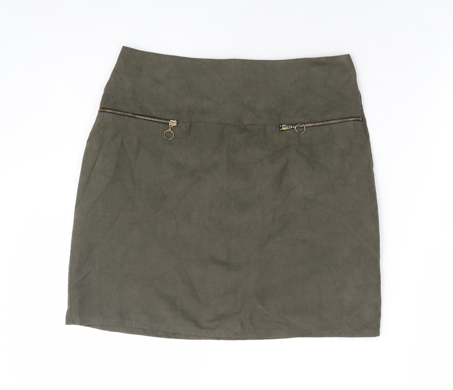Primark Womens Green Polyester Mini Skirt Size 8 Zip - Suede Effect, Faux Pockets