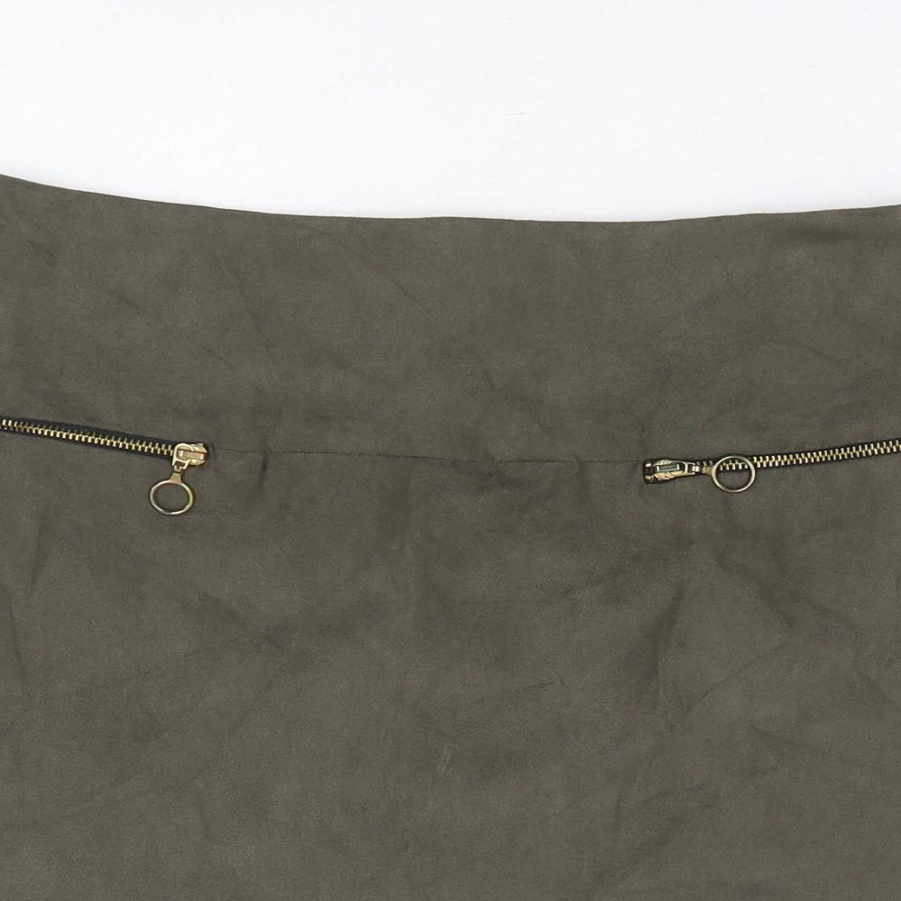 Primark Womens Green Polyester Mini Skirt Size 8 Zip - Suede Effect, Faux Pockets