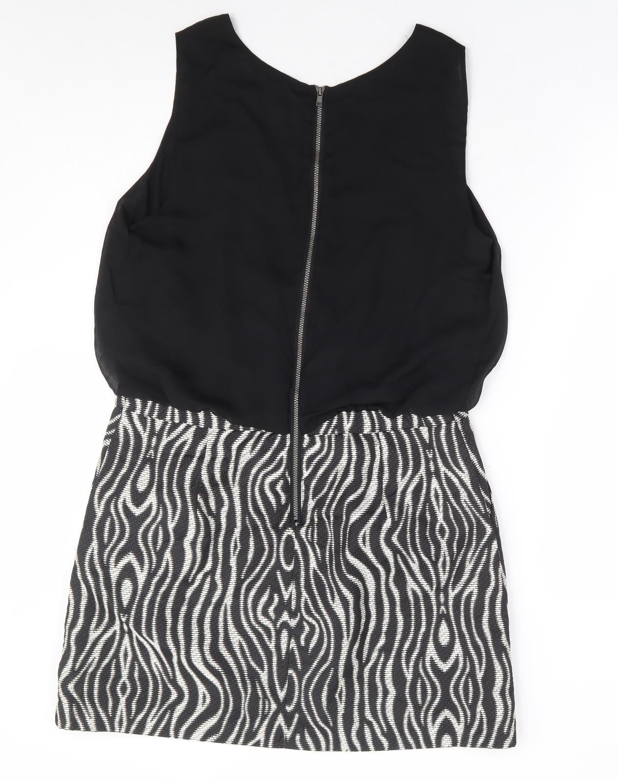 NEXT Womens Black Geometric Polyester A-Line Size 14 Round Neck Zip