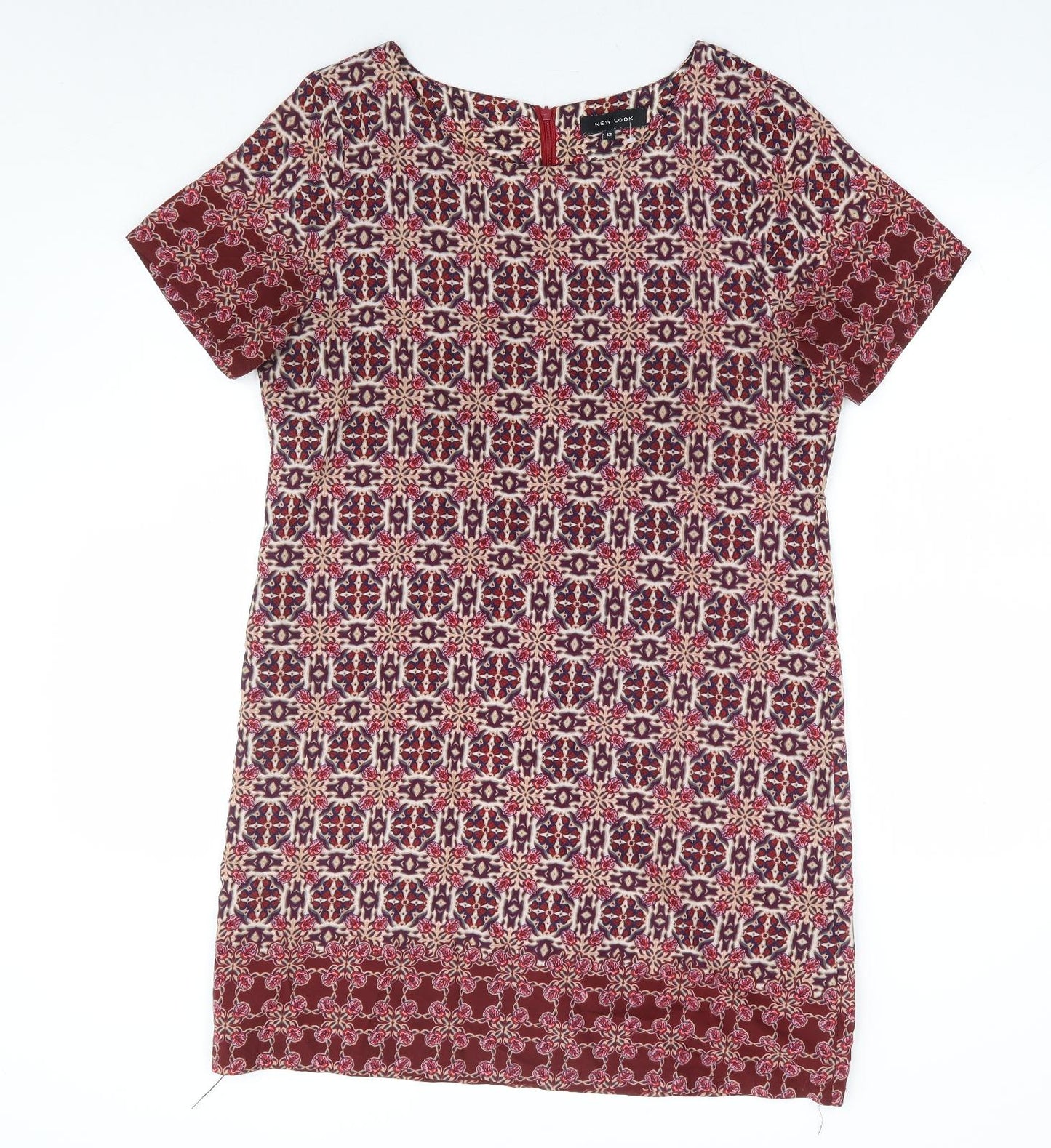 New Look Womens Red Geometric Polyester Shift Size 12 Round Neck Zip